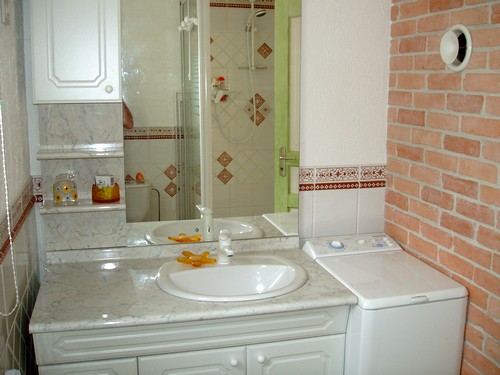 Im Badezimmer: Waschbecken mit Unterschrank und Waschmaschine in unserem Ferienhaus im Elsass